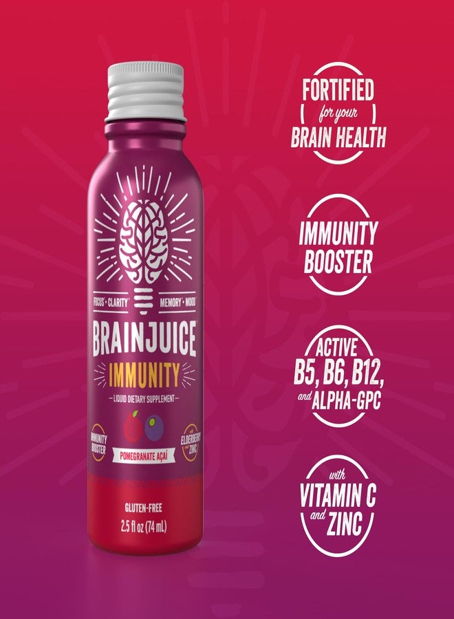 BrainJuice Brain and Immune Support Shot, Gluten Free Supplement Shots for Energy, Focus, Immunity with Vitamin D, C B, Alpha GPC & Organic Ginger Root, Pomegranate Acai, 2.5 fl oz, 12 Pack - Image 3
